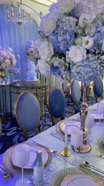 Certified Event & Wedding Planner on Instagram: "Cinderella theme sweet16 fit for a princess ��🤍💙🤍 *Another room transportation 🤩 Event planning & design @eventsbytoya_inc Luxury rentals @glenspartyrental Floral’s @z_the_florist Luxury candelabra & chandeliers @jl_craftdesign Cake & treats @bites_galore_sweetique Customized glam bottles @glamdup_nyc Graphics @emgprints" Cinderella Wedding Reception, Cinderella Aesthetic Party, Cinderella Wedding Decor, Once Upon A Time Sweet 16 Theme, Cinderella Wedding Theme Decoration, Cinderella Prom Theme, Cinderella Sweet 16 Decorations, Cinderella Aesthetic Wedding, Cinderella 15 Theme