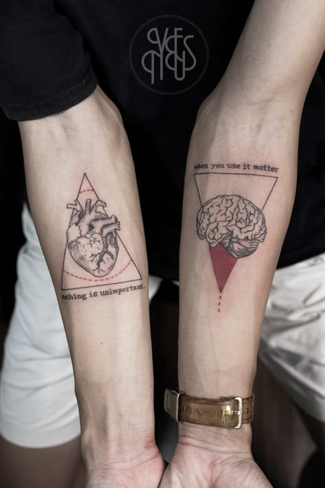 Tattoo heart and brain Mind Heart Tattoo, Heart And Mind Tattoo, Brain And Heart Tattoo, Heart And Brain Tattoo, Partner Tattoos, Brain Tattoo, Heart And Brain, Band Tattoos, Soul Tattoo