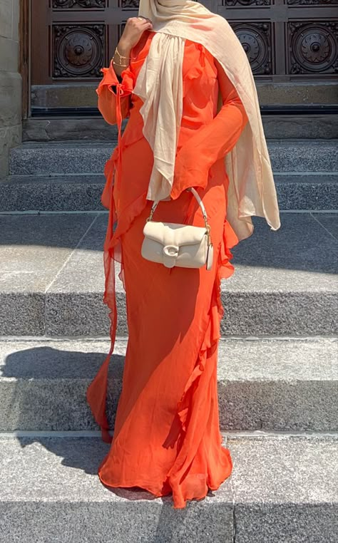 Orange Hijab Outfit, Orange Hijab, Modest Outfits Muslim, Outfits Muslim, Orange Gown, Modesty Outfits, Modest Summer Outfits, Muslim Women Fashion, Fancy Dresses Long