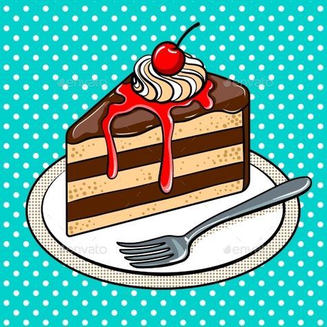 Slice of Cake on Plate Pop Art Vector Illustration Cake On Plate, Pop Art Food, Pop Art Vector, Portraits Pop Art, Arte Pin Up, Art Vector Illustration, Cake Drawing, Pop Art Images, Slice Of Cake