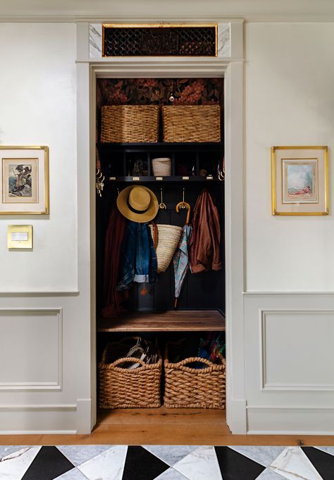 Space of the Week: One Designer's 'California Mudroom' Makes the Case for a New Type of Closet Closet To Seating Area, Organized Entry Closet, Entry Closet Shelves, Hallway Open Closet Ideas, Narrow Coat Closet Ideas, Hallway Closet To Mudroom, Entryway Shoe Closet, Hallway Closet Ideas Storage, Shoe Storage Entryway Closet