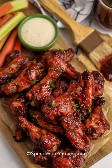 BBQ wings on a wooden board with dip Appetizer Night, Spend With Pennies Recipes, Bbq Chicken Wings Recipe, Recipes Chicken Wings, Best Chicken Wing Recipe, Grilled Wings, Baked Wings, Bbq Chicken Wings, Baked Bbq Chicken