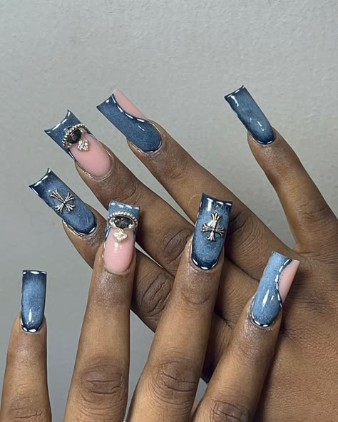 DENIM STYLE 💅🏾💅🏾 #nailsnailsnails #denimnails #ducknails #nailcreative #nailsaloninogba #denimnailinspo #ogbanails #explore #nailinspo Jean Nails Design, Denim Nails Ideas Short, Denim Acrylic Nails, Denim Look Nails, Denim Nail Designs, Jean Nails, Denim Nails Ideas, Denim Nails, Denim Design