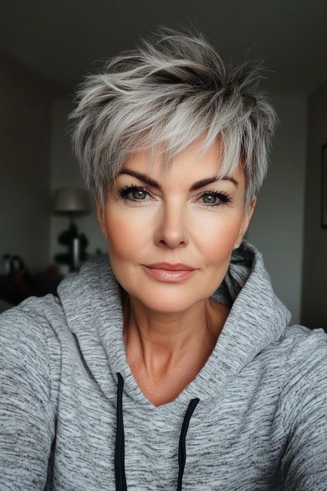 34 Ultra Chic Pixie Haircuts for Women Over 60 for 2025 – CreativeBooster Grey Hair Modern, Pixie Long Bangs, Grey Pixie Hair, Feathery Layers, Cropped Pixie, Cool Blonde Tone, Layered Pixie Haircuts, Pixie Haircuts For Women, Choppy Pixie Cut