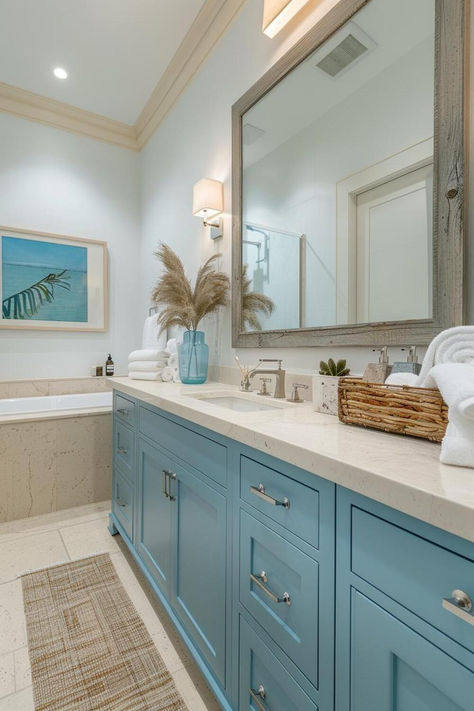 40 Coastal Bathroom Designs to Bring the Beach Home Beach Bathroom Ideas Coastal Style, Coastal Master Bath, Natural Bathroom Design, Coastal Bathroom Ideas, Blue Bathroom Ideas, Half Bathroom Design, Costal Bedroom, Aqua Bathroom, Coastal Bathroom Design