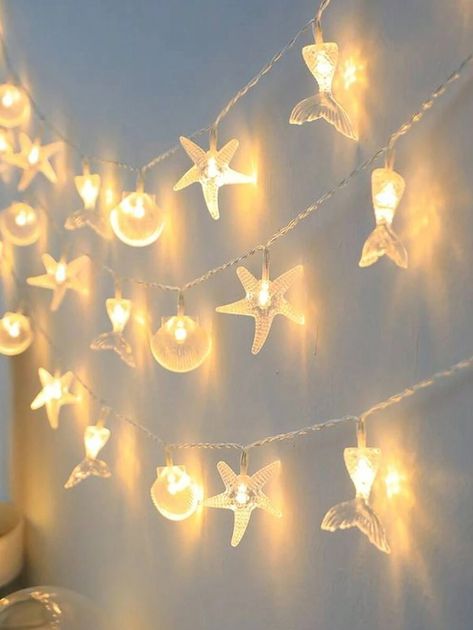 1pc LED Shell & Ocean Animal Mixed String Lights, Bedroom Decorations, Suitable For Bedroom, Living Room, Wedding, Bridal Shower, Engagement, Bachelorette Party, Holiday Decor, Party Decor, Home Decor | SHEIN USA String Lights Bedroom, Ocean Room Decor, Living Room Wedding, Lights Bedroom, Led String Lights, Bedroom Themes, Wedding Lights, Festival Decorations, Bedroom Living Room