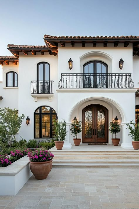 Spanish Style Facade, Mediterranean Homes Design, Spanish House Exterior Design, White Spanish House Exterior, Spanish Style Homes Front Door, Two Story House Design Exterior, Spanish Style Roof Tiles, Spanish Style Two Story Home, Spanish Style Stucco Homes