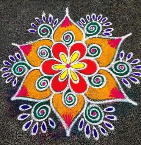 Easy Colourful Rangoli Designs, Easy Colour Rangoli Designs, Simple Designs Rangoli, Everyday Rangoli Designs, Gyaras Rangoli, Simple Colour Rangoli Designs, Rangoli Designs Flower Simple, Rangoli Designs White, Free Hand Rangoli Designs With Colours