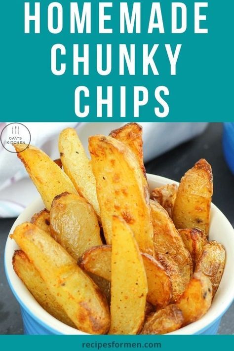 These homemade chunky chips are easy to make and so much better than anything you will get at your local pub. Eat as a snack with some dip. homemade chunky chips, thick cut fries, thick cut fries in air fryer, thick cut fries oven, thick cut fries air fryer, thick cut fries recipe, thick cut french fries, thick cut oven fries, thick cut potato fries, wedge potatoes, wedge potatoes air fryer, wedge potatoes baked, wedge potatoes recipes, potato _wedge, Potato Wedge, English Chips Recipe, English Chips, Wedge Potatoes, Airfryer Chips, Chips In The Air Fryer, Fries Oven, Steak Diane Recipe, Chunky Chips, Steak And Chips