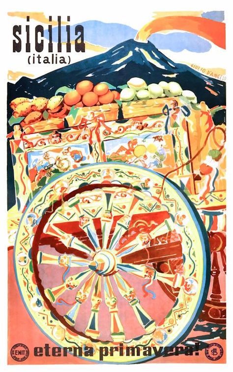 50s Italy, Spring Poster, Etna Volcano, Vintage Italian Posters, Italy Travel Poster, Sicily Travel, Taormina Sicily, Italian Posters, Pizza Art