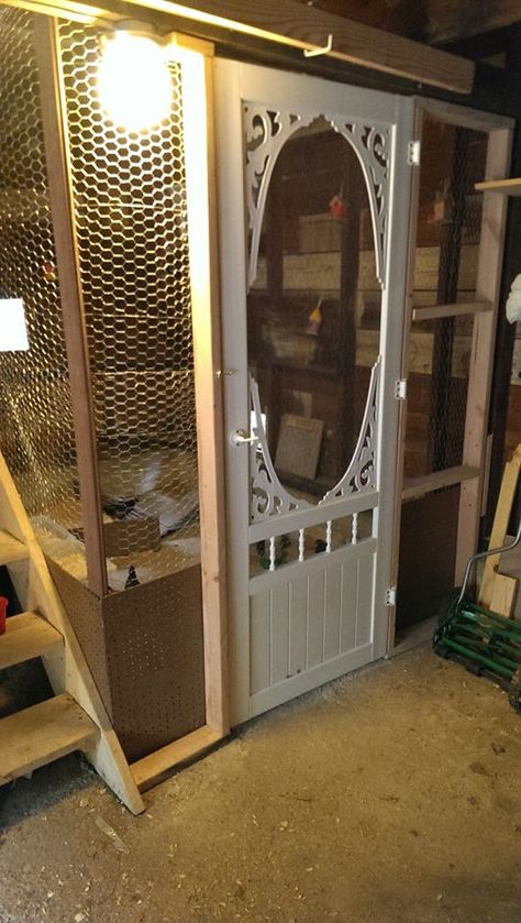 Inside Garage Chicken Coop Coop Interior, Chicken Coop In Garage, Garage Chicken Coop, Repurposed Chicken Coop, Chicken Coop With Old Windows, Old Door Chicken Coop, Chicken Coop Made From Old Doors, Car Port Chicken Coop Hen House, Auto Chicken Coop Door