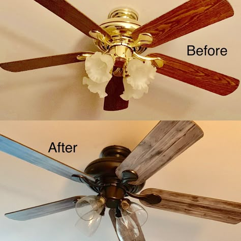 Ceiling fan makeover-Sprayed with oil rubbed bronze paint over the base, old barn contact paper over fan blades, updated glass bulb covers. Upgrading Ceiling Fan, Updating Old Ceiling Fans, Spray Painted Ceiling Fan, Spray Painting Ceiling Fan, Fan Makeover Ceiling, Upcycle Ceiling Fan Globes, Old Ceiling Fan Makeover, Upgrade Ceiling Fan Diy, Ceiling Fan Blades Makeover