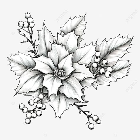 festive floral decoration holly berry european symbol of eve and merry christmas sketch leaf sketc Holly Leaves And Berries Painting, Christmas Floral Drawings, How To Draw Holly, Holly Flower Drawing, Christmas Flower Drawing, Holly Tattoo Flowers, Holly Berry Tattoo, Holly Flower Tattoo, Christmas Sketch Ideas