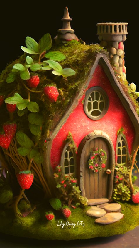 Fairy House Inspiration, Strawberry Fairy House, Fairy House Concept Art, Cute Fantasy House, Painted Fairy Houses, Fairy House Clay, Christmas Fairy House, Enchanted House, Lights Illustration