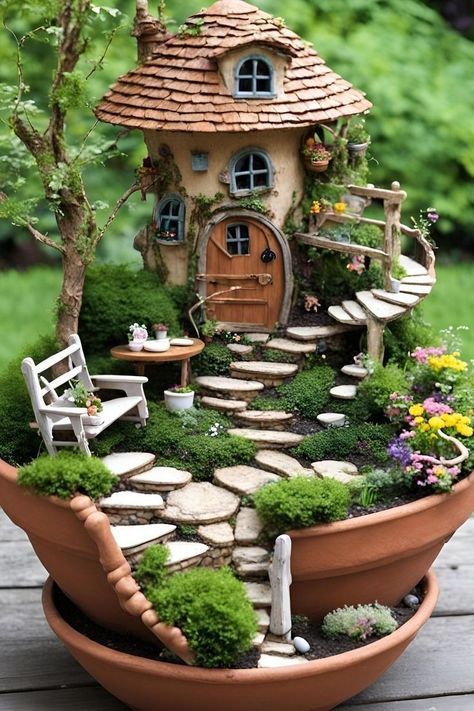 Outdoor Fairy Garden Ideas, Fairy Pots, Christmas Fairy Garden, Beach Fairy Garden, Halloween Fairy Garden, Magical Landscape, Tree Indoor, Fairy Garden Ideas, Fairy Village