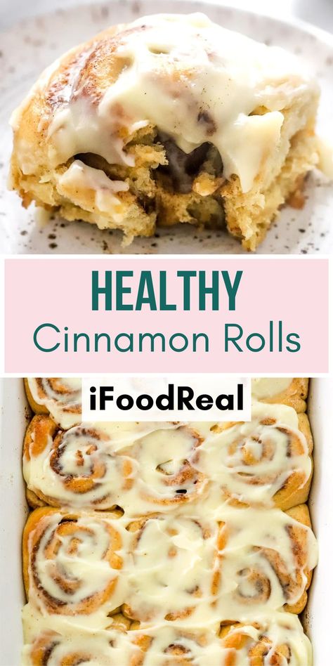 These Healthy Cinnamon Rolls have gooey filling, fluffy dough and sweet vanilla cream cheese glaze. Delicious, easy and made healthier with whole wheat flour without skimming on flavor! Healthy Cinnamon Rolls Recipe, Whole Wheat Cinnamon Rolls, Wheat Cinnamon Rolls, Healthy Cinnamon Rolls, 30 Minute Meals Healthy, Vanilla Cream Cheese, Cream Cheese Glaze, Less Sugar, Healthy Casseroles