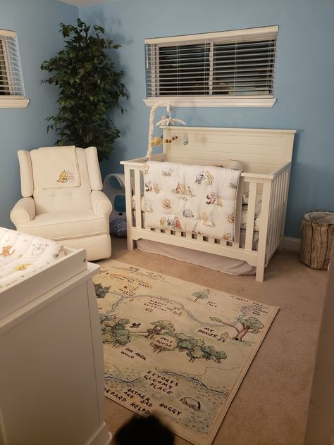 Nursery Theme Winnie The Pooh, Old Fashioned Winnie The Pooh Nursery, Eeyore Nursery Ideas, Pooh Theme Nursery, Old Time Winnie The Pooh Nursery, Vintage Winnie Pooh Nursery, Winnie The Pooh Nursery Aesthetic, Nursery Winnie The Pooh Theme, Blue Winnie The Pooh Nursery