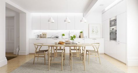 The simple wood chairs and white walls are completely aligned with the Scandinavian aesthetic. Contemporary White Kitchen, Light Wood Dining Table, Contemporary Dining Room Design, Scandinavian Dining Table, Scandinavian Dining Room, Minimalist Dining Room, Scandinavian Dining, Dining Room Contemporary, Wood Dining Room