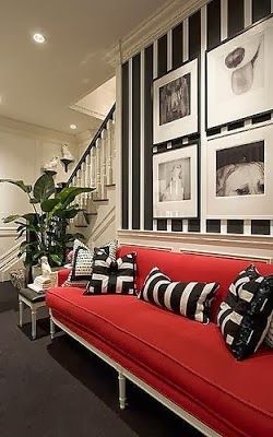 www.eyefordesignlfd.blogspot.com: Decorating With The Black/Red Combination Black And White Stripe Wallpaper, Red Couches, Red Couch, Casa Vintage, Black And White Decor, Striped Wallpaper, A Living Room, White Decor, Decoration Design