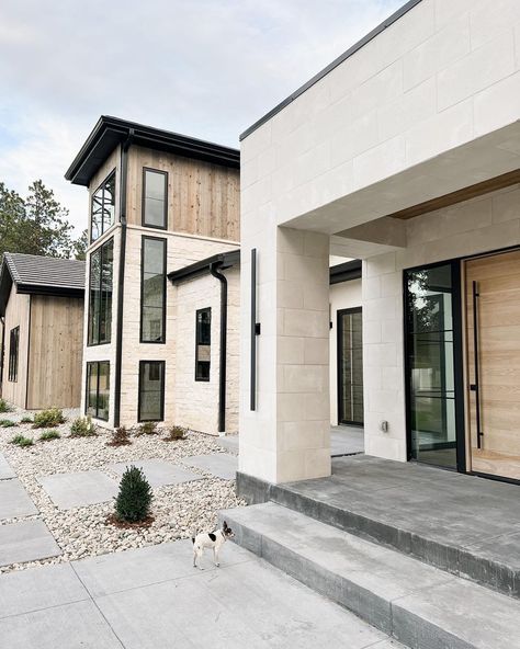 Misa Liddiard, Black And White Exterior House, Modern Tuscan Home, Home Front Elevation, Modern Tuscan, Intentional Design, Modern Mountain House, White Exterior Houses, Main Entrance Door Design