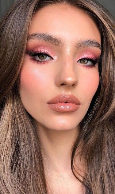 Pink Flushed Makeup, Brunette Barbie Makeup Look, Pink Glowy Makeup Looks, Rosy Pink Makeup Look, Pink Day Makeup, Makeup Hot Pink Dress, Makeup Looks For Wedding Guest Pink, Salmon Pink Makeup, Pink Formal Makeup Looks