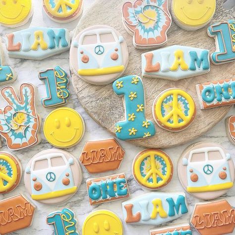 Woodstock First Birthday, One Groovy Dude Birthday Decor, Two Groovy Birthday Party Boy, One Groovy Dude Birthday, One Groovy Dude, Woodstock Birthday, Baby First Birthday Themes, First Birthday Cookies, Hippie Birthday