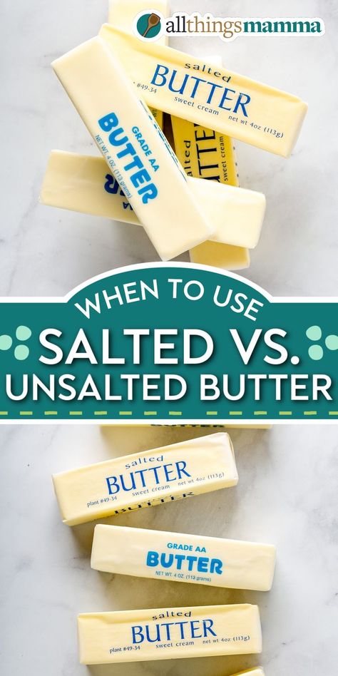 collage image showing sticks of butter stacked and compiled sitting on a marble countertop Kitchen Helper, Utila, Butter Recipe, Food Facts, Baking Tips, Salted Butter, Cooking Kitchen, Stick Of Butter, Unsalted Butter