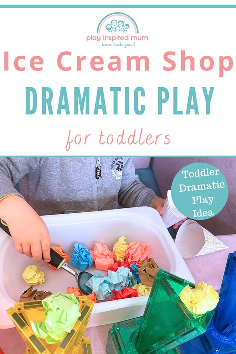 toddler scooping scrunched paper as icecream shop play Ice Cream Scoop Activity, Ice Cream Shop Dramatic Play Preschool, Dramatic Play For Toddlers, Ice Cream Parlour Role Play, Ice Cream Dramatic Play, Ice Cream Shop Dramatic Play, Role Play Activities, Ice Cream Play, Ice Cream Station