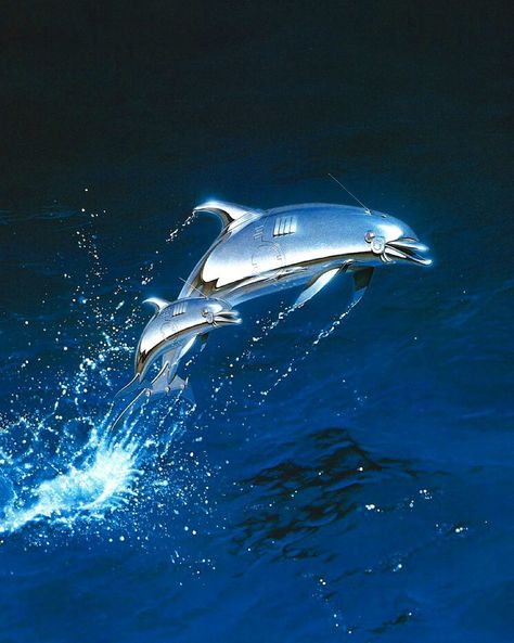 Metal Dolphin, Hajime Sorayama. 1983. Hajime Sorayama, Kristina Webb, Futurism Art, 2k Wallpaper, 70s Sci Fi Art, Psy Art, New Retro Wave, Arte Cyberpunk, Airbrush Art