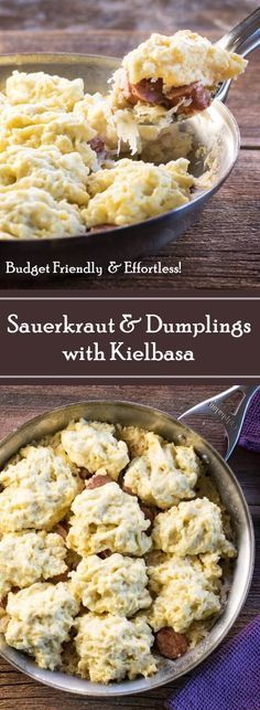 Sauerkraut and Dumplings with Kielbasa recipe via @foxvalleyfoodie Sauerkraut And Dumplings, Kielbasa Recipe, German Food Authentic, Kielbasa Recipes, Sausage Dishes, Sauerkraut Recipes, Czech Recipes, Hungarian Recipes, Healthy Clean Eating