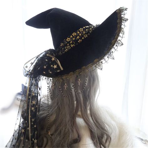 Wich Hat, Witch Hat Design, Boho Witch, Black Witch Hat, Fantasy Witch, Wizard Hat, Magic Hat, Witch Halloween Costume, Moon Witch