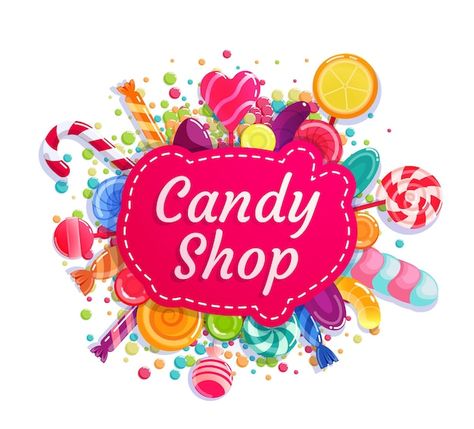 Candy shop, trade store company advertis... | Premium Vector #Freepik #vector #insignia #shop #shop-signboard #brand-label Lollipop Candy, Brand Label, Card Banner, Presentation Template Free, Poster Invitation, Candy Shop, Business Ideas, Lollipop, Cartoon Drawings