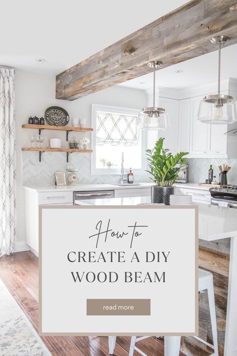 Faux Beam With Pendant Lights, Decorative Wood Beams On Ceiling, Bean Ceiling Wood Beams, Kitchen Faux Beams, White Washed Ceiling Beams, Kitchen Beam Ideas, Paint Beams To Look Like Wood, Wood Beams On Ceiling Kitchen, Wooden Beams In Kitchen