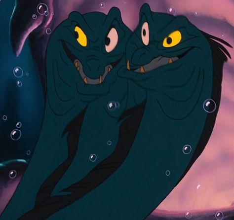 Flotsam and Jetsam were the moray eel minions of the sea witch Ursula in Disney's 1989 animated feature film, The Little Mermaid. Flotsam and Jetsam speak in unison, finish each other's sentences, and entwine their bodies. The concept of their linkage is further heightened when their white eyes combine to form a single crystal ball, a portal through which Ursula can view the outside world. Ursula would remain in her lair, working from behind the scenes, and watching everything from the... Ursula The Sea Witch, Disney Gender Bender, Little Mermaid Characters, The Sea Witch, Disney Moments, The Little Mermaid 1989, Flotsam And Jetsam, Disney Wiki, Mermaid Under The Sea