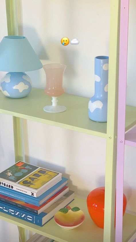 Danish Pastel Bookshelf, Danish Pastel Shelf Decor, Funky Painted Bookshelf, Pastel Bookshelf, Pastel House Decor, Modern Pastel Bedroom, Pastel Shelves, Crazy Interior Design, Pastel Apartment