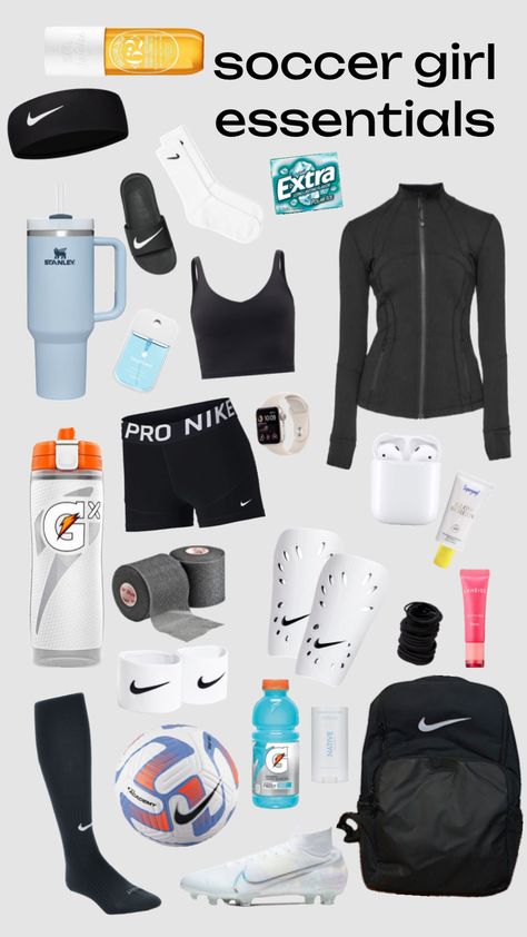 #outfitinspo #essentials #soccergirl #soccer #soccerfit #soccerplayer Sports Bag Essentials, Soccer Girls Outfits, Cute Volleyball Outfits, Womens Soccer Cleats, Soccer Essentials, Best Soccer Shoes, Soccer Backpack, Football Bag, Soccer Accessories