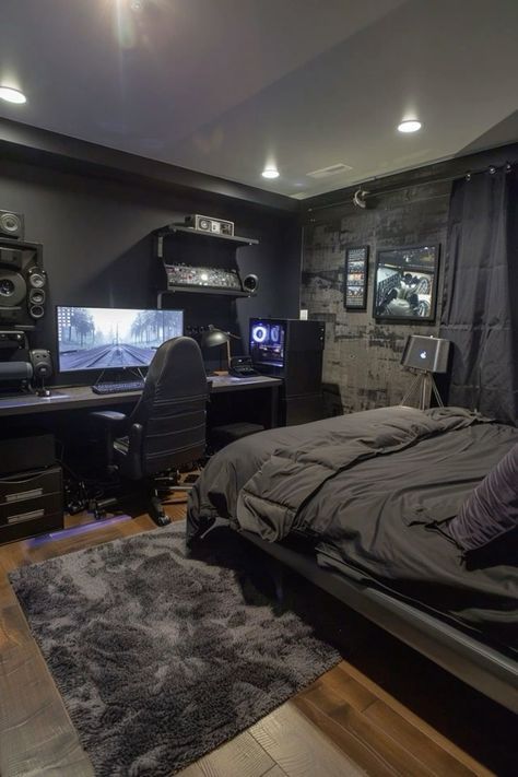 Small Room Setup, Mens Room Decor, Gaming Bedroom, Mens Bedroom Decor, Bedroom Redesign, Bedroom Design Inspiration, Chill Room, Mens Bedroom, Bedroom Setup