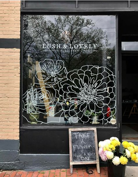 Retail Store Wall Mural, Boutique Window Painting, Flower Shop Signs Ideas, Salon Front Window Ideas, Painted Window Art, Coffee Shop Concept, Stonechat, Store Front Windows, Window Mural