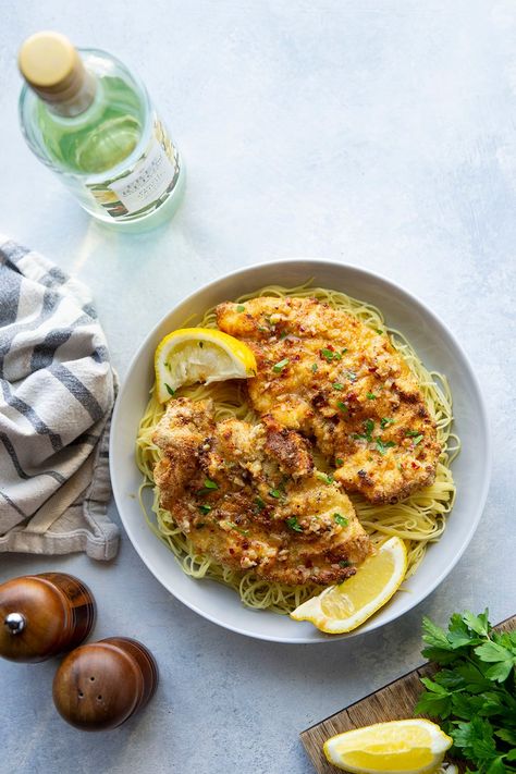 Crispy Breaded Chicken, Saucy Chicken, Fried Chicken Cutlets, Chicken Milanese, Breaded Chicken Cutlets, White Wine Sauce, Air Fried Chicken, Sauteed Veggies, Wine Sauce