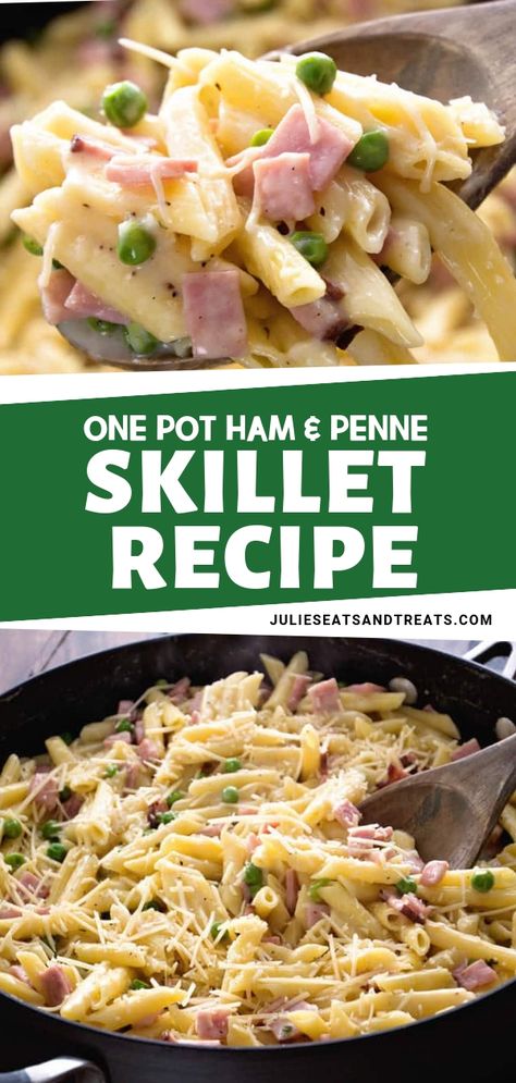 Looking for leftover ham recipes? This One Pot Ham & Penne Skillet is the perfect one to use! It has diced ham, penne pasta, and peas in a creamy sauce.  It makes a quick and easy one-pot meal. Throw this in your pot and make it tonight for dinner! Ham Penne Pasta, Pasta And Peas, Ham Dinner Recipes, Ham Dishes, Resep Pasta, Ham Dinner, Pasta Penne, Leftover Ham Recipes, Resep Salad