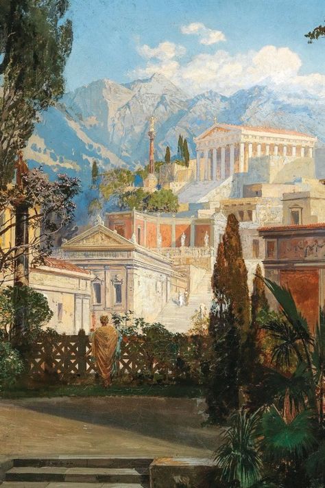 Ancient Greece Aesthetic, Greece Painting, Greek Paintings, Greece Aesthetic, Greece Art, Creation Art, Greek Mythology Art, Mythology Art, Ancient City