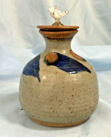 Handmade Pottery Stoneware Oil Lamp Signed by Artist New Ceramic Oil Lamps Pottery, Nail Art Machine, Square Jars, Pottery Pots, Pottery Stoneware, Majolica Pottery, Light Nails, Clay Studio, Pottery Pitcher