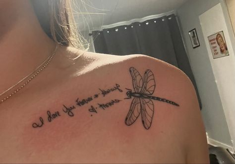 dragonfly tattoo w/ handwriting Dragonfly Remembrance Tattoo, Rest In Peace Tattoos, Fly Tattoo, Biblical Tattoos, Peace Tattoos, Fly Quotes, Flying Tattoo, Remembrance Tattoos, Jesus Tattoo