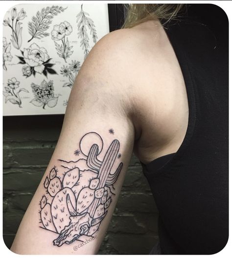 Leslie Karin. Made at Affinity Tattoo. #catxbone #catxbonetattoo #lesliekarin #lesliekarintattoo #illustration #drawing #dotwork #dotworktattoo #prettytattoos #floral #botanical #botanicaltattoos #ladytattooers #austintx #atx #brooklyntattoo #newjerseytattoo #nytattoo #njtattoo #girlswithtattoos #blackandgrey #desert #deserttattoos #cactus #cactustattoos #cacti #skull #plant #naturetattoos #pricklypear Bicep To Forearm Tattoo, Floral Cactus Tattoo, Black Cactus Tattoo, Mountain And Cactus Tattoo, Scorpion And Cactus Tattoo, Western Cactus Tattoo, Cactus And Skull Tattoo, Cactus Skull Tattoo, Cow Skull And Cactus Tattoo