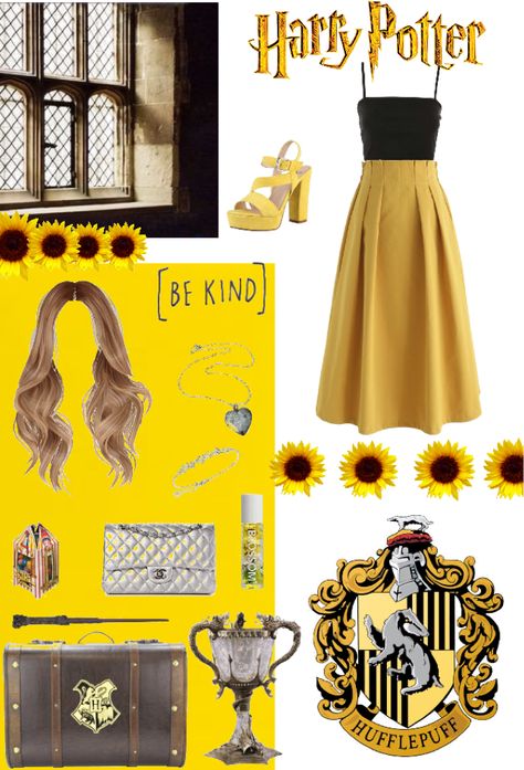 Hufflepuff Inspired Outfits Casual, Harry Potter Outfits Summer, Hufflepuff Wardrobe, Hufflepuff Outfit Ideas, Hufflepuff Aesthetic Outfits, Hufflepuff Inspired Outfits, Hufflepuff Lookbook, Wavy Hair Art, Disneyland Clothes