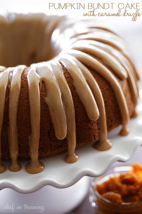 Pumpkin Bundt Cake with Caramel Drizzle from chef-in-training.com ....This cake is so delicious and moist and that caramel drizzle is to die for! Pumpkin Bunt Cake, Pumpkin Bundt, Cake With Caramel, Pumpkin Bundt Cake, Caramel Drizzle, Popular Desserts, Pumpkin Treat, Bundt Cakes Recipes, Delicious Pumpkin