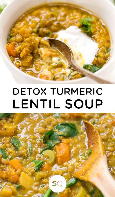 This Detox Turmeric Lentil Soup Recipe is a simple, healthy and hearty vegan meal that's great for digestion and healing for the liver. Easy to make and packed with veggies and protein! #lentilsoup #detox #turmeric #vegan #vegansoup #dinner Lentil Soup Recipe, Vegetarian Soup Recipes, Simply Quinoa, Lentil Soup Recipes, Soup Recipes Slow Cooker, India Food, Lentil Recipes, Vegan Meal, Think Food