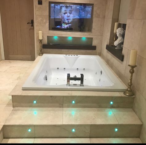 Huge Bathtub For Two, Large Bathtubs For Two Master Bath, Whirl Pool Tub Master Bath, Bathtub Tv Ideas, Luxury Bathroom With Jacuzzi, Bathrooms With Jacuzzi Master Bath, Large Jacuzzi Tub Master Bath, Two Person Jacuzzi Tub Bathroom, Two Person Tub Master Bath