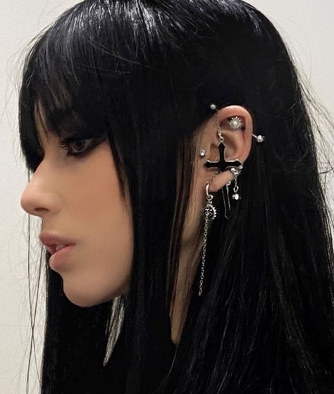 rivers 👼🏻 on Instagram: “Lady Luck” Pierced Ears Ideas, Edgy Ear Piercings, Ear Piercings Black, Emo Piercings, Full Ear Piercings, Dream Piercings, Paznokcie Hello Kitty, Chunky Silver Jewellery, Goth Fits