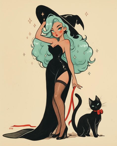 💙💕 Vestidos Anime, Pin Up Art, Witch Art, Halloween Art, Pin Up, Art Inspo, Cute Drawings, Cute Art, Witch